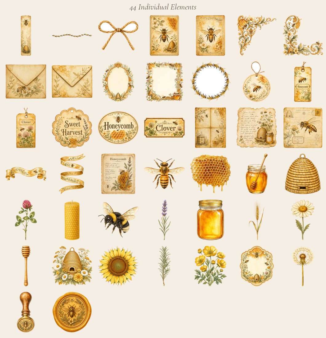 Golden Bee Apiary junk journal kit — elements overview